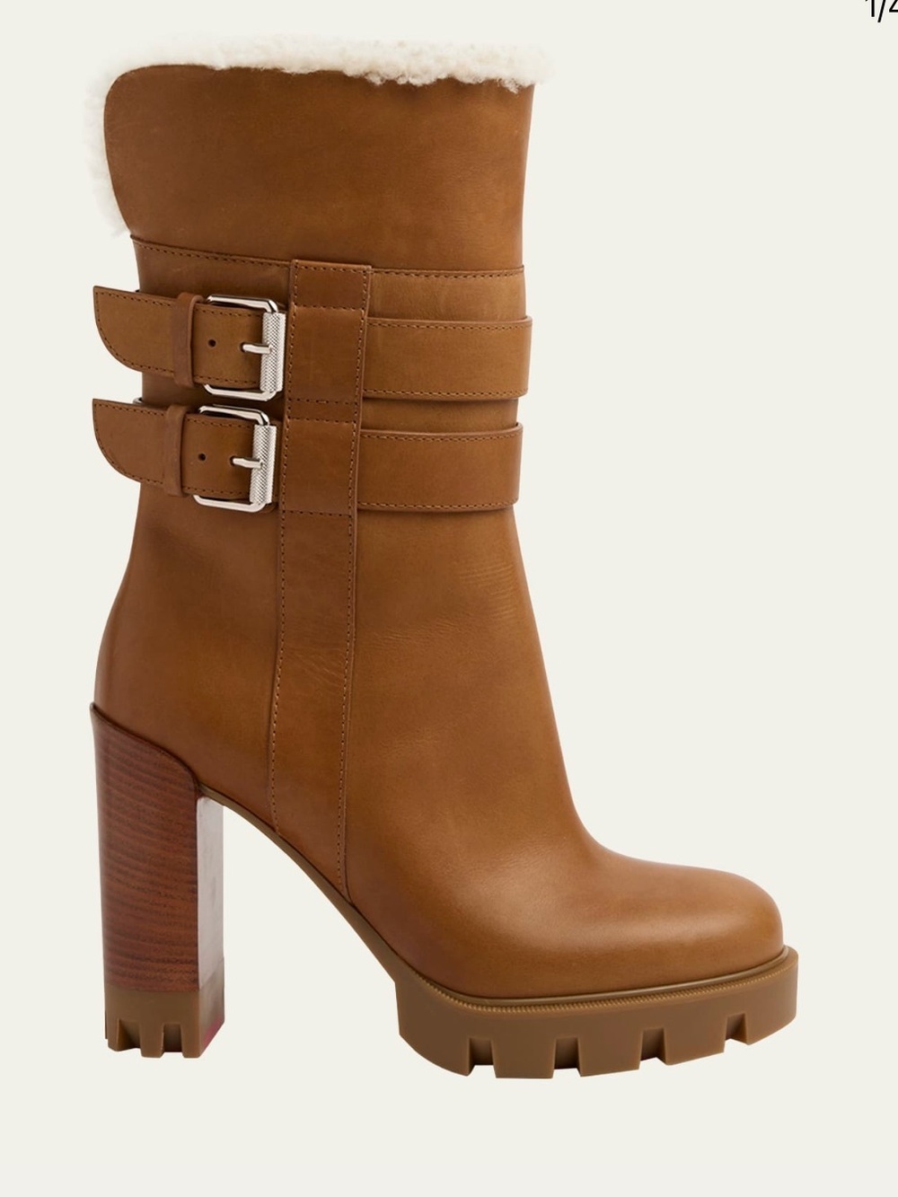 Christian Louboutin Tan Leather Shearling-Trim Block-Heel Ankle Boots